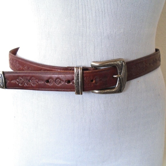 VTG CHIC Western Brown Tooled Leather Silver Accent Buckle Belt 31L main image 6